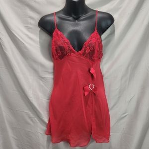 Frederick's Of Hollywood Y2K Rhinestone Heart Embroidered Red Lingerie Chemise